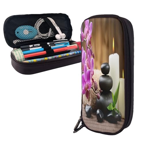 Federmäppchen aus Leder, großes Fassungsvermögen, Zen-Druck, Doppelreißverschluss, Flip-Top-Stiftetui von POKIKKJH