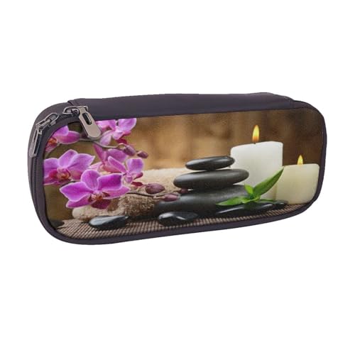 Federmäppchen aus Leder, großes Fassungsvermögen, Zen-Druck, Doppelreißverschluss, Flip-Top-Stiftetui von POKIKKJH