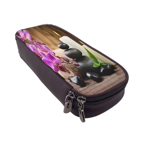 Federmäppchen aus Leder, großes Fassungsvermögen, Zen-Druck, Doppelreißverschluss, Flip-Top-Stiftetui von POKIKKJH