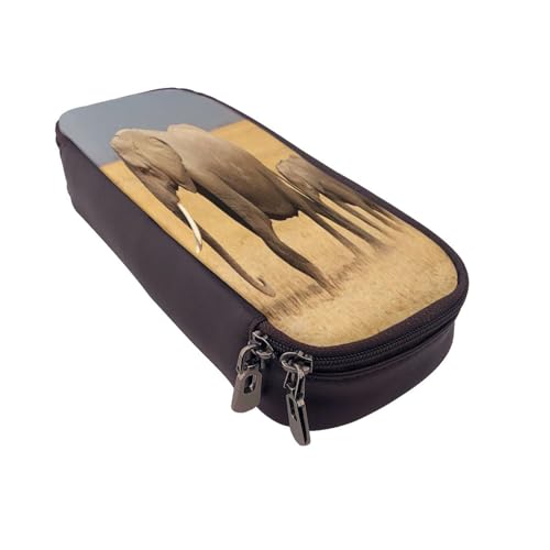 Federmäppchen aus Leder, großes Fassungsvermögen, afrikanischer Elefant, Doppelreißverschluss, Flip-Top-Stiftetui von POKIKKJH