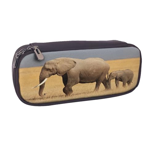 Federmäppchen aus Leder, großes Fassungsvermögen, afrikanischer Elefant, Doppelreißverschluss, Flip-Top-Stiftetui von POKIKKJH