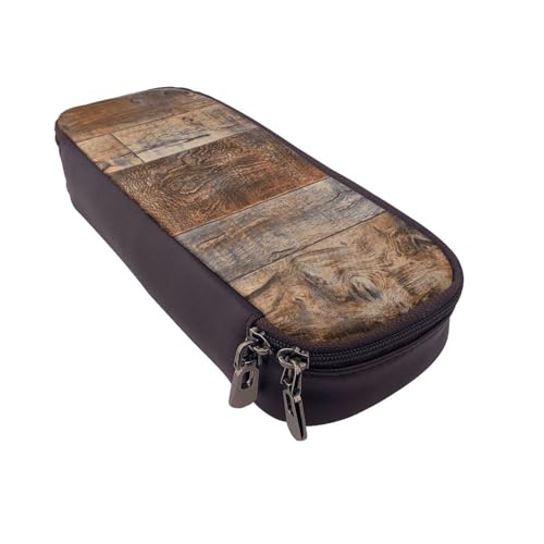 Federmäppchen aus Leder, großes Fassungsvermögen, brauner Holzdruck, Doppelreißverschluss, Flip-Top-Stiftetui von POKIKKJH