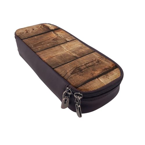 Federmäppchen aus Leder, großes Fassungsvermögen, brauner Holzdruck, Doppelreißverschluss, Flip-Top-Stiftetui von POKIKKJH