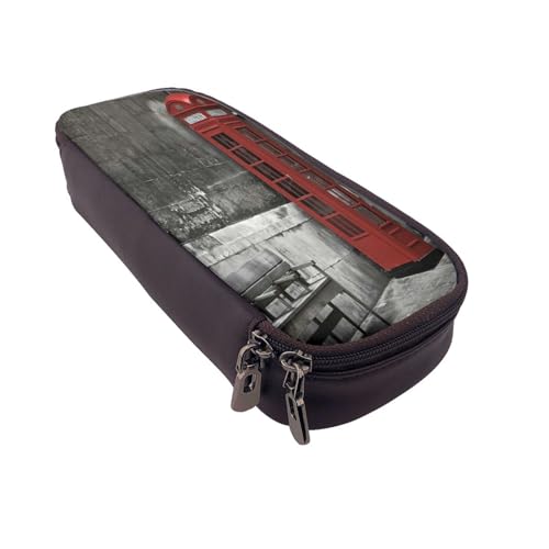 Federmäppchen aus Leder, großes Fassungsvermögen, britischer Telefonzelle, Doppelreißverschluss, Flip-Top-Stiftetui von POKIKKJH