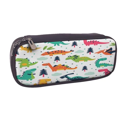 Federmäppchen aus Leder, großes Fassungsvermögen, buntes Dinosaurier-Druck, Doppelreißverschluss, Flip-Top-Stiftetui von POKIKKJH