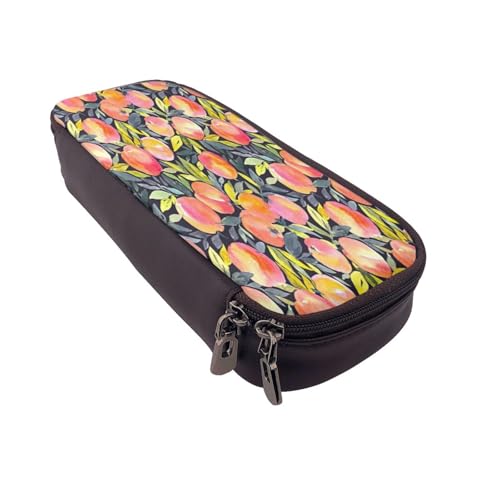 Federmäppchen aus Leder, großes Fassungsvermögen, buntes Pfirsichmuster, Doppelreißverschluss, Flip-Top-Stiftetui von POKIKKJH