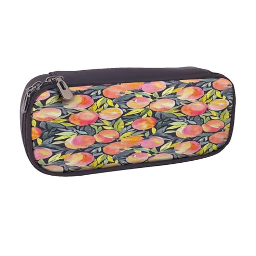 Federmäppchen aus Leder, großes Fassungsvermögen, buntes Pfirsichmuster, Doppelreißverschluss, Flip-Top-Stiftetui von POKIKKJH