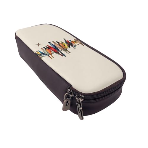 Federmäppchen aus Leder, großes Fassungsvermögen, buntes Vogelmuster, Doppelreißverschluss, Flip-Top-Stiftetui von POKIKKJH