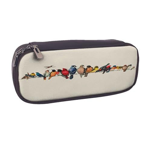 Federmäppchen aus Leder, großes Fassungsvermögen, buntes Vogelmuster, Doppelreißverschluss, Flip-Top-Stiftetui von POKIKKJH