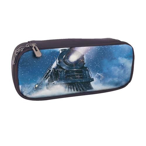 Federmäppchen aus Leder, großes Fassungsvermögen, für Winter, Weihnachten, Schnee, Nacht, Eisenbahn, Zug, Druck, Doppelreißverschluss, Flip-Top-Stiftetui von POKIKKJH
