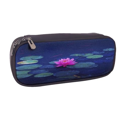 Federmäppchen aus Leder, großes Fassungsvermögen, heller Lotusdruck, Doppelreißverschluss, Flip-Top-Stiftetui von POKIKKJH