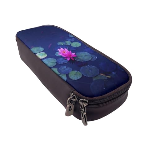 Federmäppchen aus Leder, großes Fassungsvermögen, heller Lotusdruck, Doppelreißverschluss, Flip-Top-Stiftetui von POKIKKJH