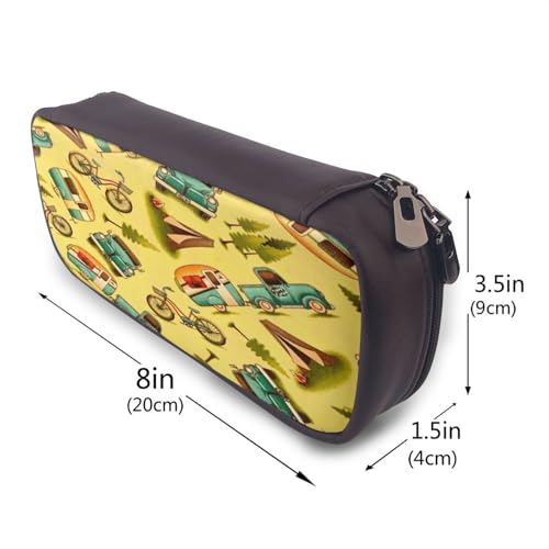 Federmäppchen aus Leder, großes Fassungsvermögen, mit Auto- und Fahrraddruck, Doppelreißverschluss, Flip-Top-Stiftetui von POKIKKJH