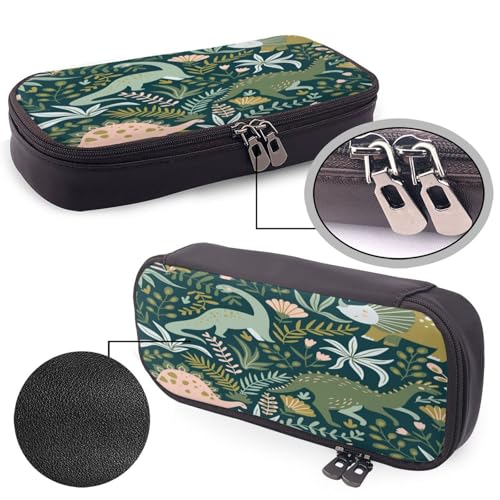 Federmäppchen aus Leder, großes Fassungsvermögen, niedlicher Dinosaurier-Druck, Doppelreißverschluss, Flip-Top-Stiftetui von POKIKKJH