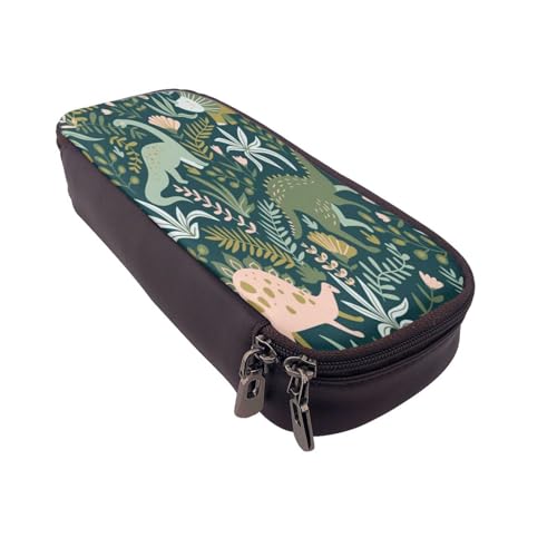 Federmäppchen aus Leder, großes Fassungsvermögen, niedlicher Dinosaurier-Druck, Doppelreißverschluss, Flip-Top-Stiftetui von POKIKKJH