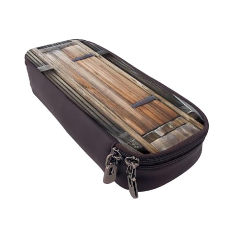 Federmäppchen aus Leder, großes Fassungsvermögen, rustikaler Holztürdruck, Doppelreißverschluss, Flip-Top-Stiftetui von POKIKKJH