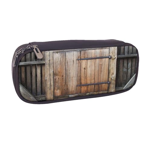 Federmäppchen aus Leder, großes Fassungsvermögen, rustikaler Holztürdruck, Doppelreißverschluss, Flip-Top-Stiftetui von POKIKKJH