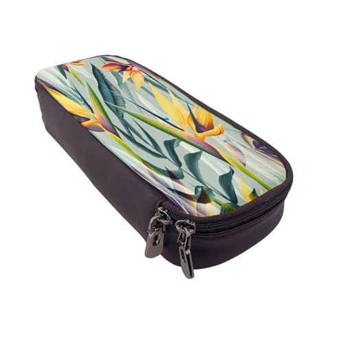 Federmäppchen aus Leder, großes Fassungsvermögen, tropische Landschaft, Doppelreißverschluss, Flip-Top-Stiftetui von POKIKKJH