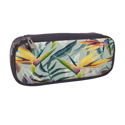 Federmäppchen aus Leder, großes Fassungsvermögen, tropische Landschaft, Doppelreißverschluss, Flip-Top-Stiftetui von POKIKKJH