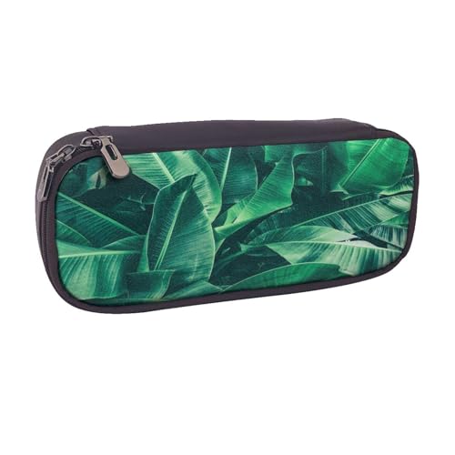 Federmäppchen aus Leder, großes Fassungsvermögen, tropisches Bananenblatt, Doppelreißverschluss, Flip-Top-Stiftetui von POKIKKJH