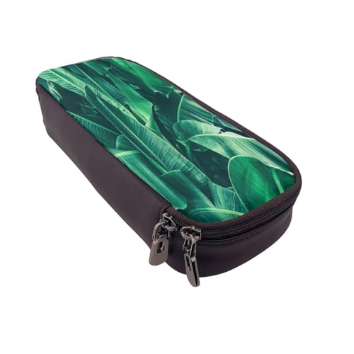 Federmäppchen aus Leder, großes Fassungsvermögen, tropisches Bananenblatt, Doppelreißverschluss, Flip-Top-Stiftetui von POKIKKJH