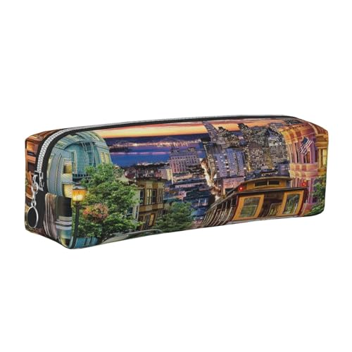 Federmäppchen aus Leder mit San Francisco-Druck, mit Reißverschluss, für Arbeit, Büro, für Männer und Frauen, silber, Einheitsgröße, Kulturbeutel von POKIKKJH