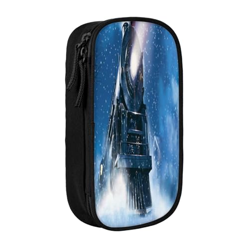 Federmäppchen mit großem Fassungsvermögen, für Winter, Weihnachten, Schnee, Nacht, Eisenbahn, Zug, Druck, Doppelreißverschluss, Schwarz , Einheitsgröße, Kulturbeutel von POKIKKJH
