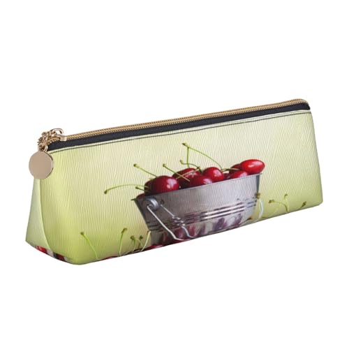 Leder-Federmäppchen, Federmäppchen, Eimer mit Kirschenmotiv, Reißverschluss, Stifteetui für Arbeit, Büro, für Männer und Frauen von POKIKKJH