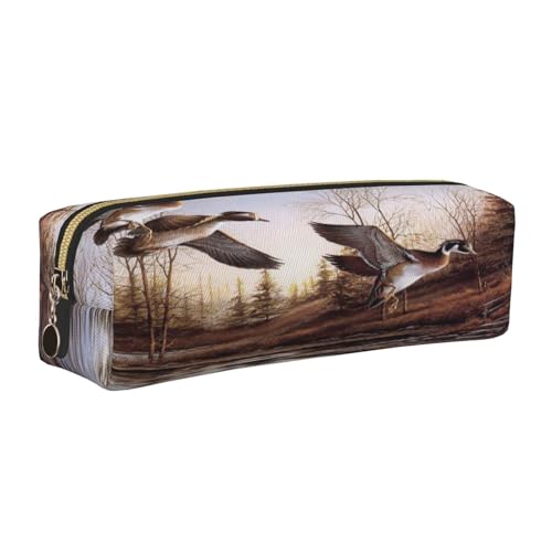 Leder-Federmäppchen, Federmäppchen, Stockenten-Druck, Reißverschluss, Stifteetui für Arbeit, Büro, für Männer und Frauen, gold, Einheitsgröße, Kulturbeutel von POKIKKJH
