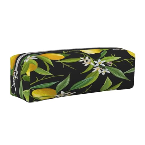 Leder-Federmäppchen, Federmäppchen, Zitronen- und Blumendruck, Reißverschluss, Stifteetui für Arbeit, Büro, für Männer und Frauen, silber, Einheitsgröße, Kulturbeutel von POKIKKJH
