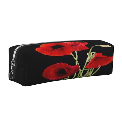 Leder-Federmäppchen, Federmäppchen, rote Blumendruck, Reißverschluss, Stifteetui für Arbeit, Büro, für Männer und Frauen, silber, Einheitsgröße, Kulturbeutel von POKIKKJH