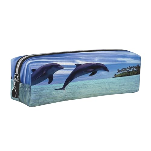 Leder-Federmäppchen, Federtasche, springende Wale, mit Reißverschluss, Stifteetui für Arbeit, Büro, für Männer und Frauen, silber, Einheitsgröße, Kulturbeutel von POKIKKJH