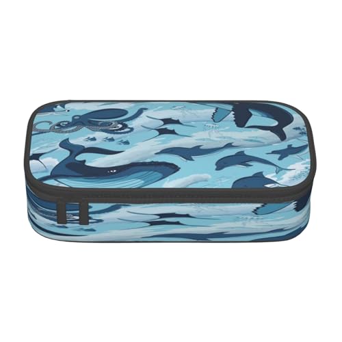 POKIKKJH Federmäppchen mit großem Fassungsvermögen, Fisch- und Oktopus-Druck, mehrlagiges Schreibwaren-Federmäppchen von POKIKKJH