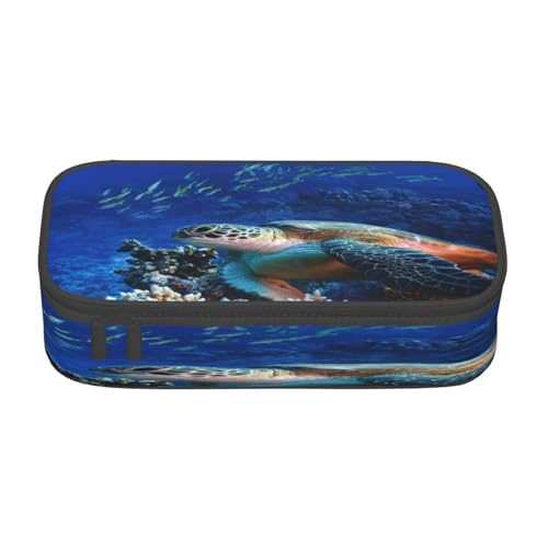 POKIKKJH Federmäppchen mit großem Fassungsvermögen, Motiv: Meeresschildkröte mit Fischen, mehrlagiges Schreibwaren-Federmäppchen von POKIKKJH