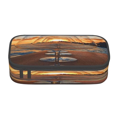 POKIKKJH Federmäppchen mit großem Fassungsvermögen, Weinglas im Sonnenuntergang, mehrlagiges Schreibwaren-Federmäppchen von POKIKKJH