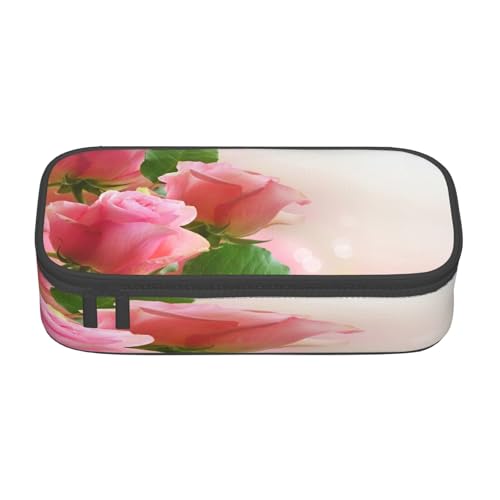 POKIKKJH Federmäppchen mit großem Fassungsvermögen, rosa Rosen, mehrlagiges Schreibwaren-Federmäppchen von POKIKKJH