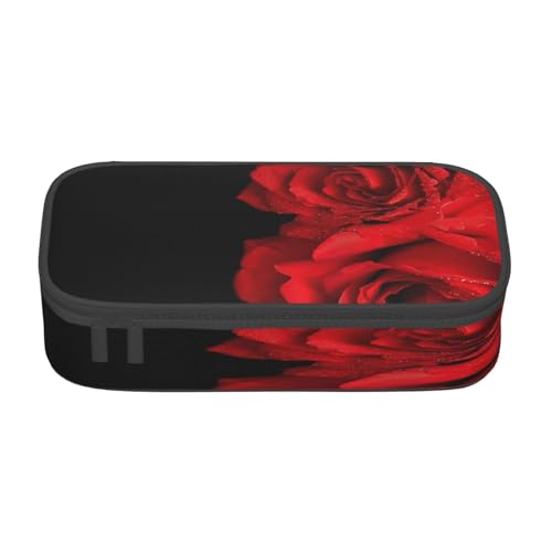 POKIKKJH Federmäppchen mit großem Fassungsvermögen, rote Rose, mehrlagiges Schreibwaren-Federmäppchen von POKIKKJH