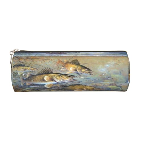 Rundes Leder-Federmäppchen, Federmäppchen, Fischermotiv, Reißverschluss, für Arbeit, Büro, für Männer und Frauen, gold, Einheitsgröße, Kulturbeutel von POKIKKJH