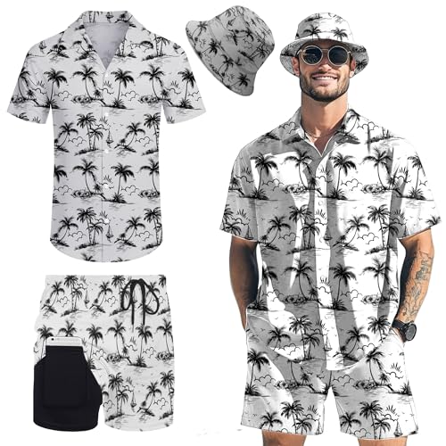 Hawaiianische Herren-Outfits, 2-teilig, Rave-Enten-Shirts, Shorts, Outfits, tropisches Set mit Hut, Palme und Fischerhut, Medium Hawaiianische Herren-Outfits, 2-teilig, Rave-Enten-Shirts, Shorts, Outfits, tropisches Set mit Hut, Palme und Fischerhut, Medium von POKM