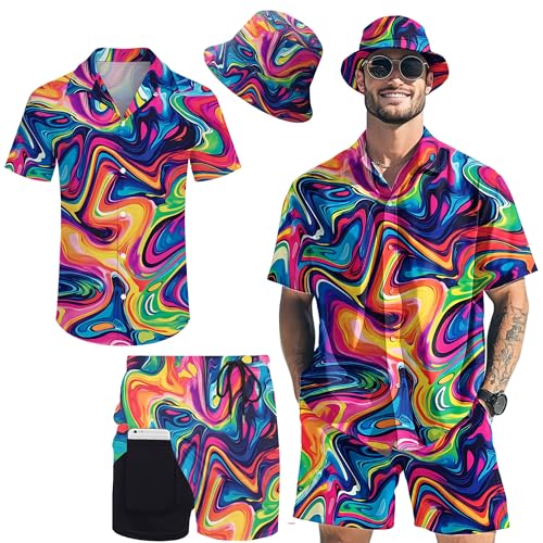 Hawaiianische Herren-Outfits, 2-teilig, Rave-Enten-Shirts, Shorts, Outfits, tropisches Set mit Hut, Trippy Party Rainbow, X-Large Hawaiianische Herren-Outfits, 2-teilig, Rave-Enten-Shirts, Shorts, Outfits, tropisches Set mit Hut, Trippy Party Rainbow, X-Large von POKM