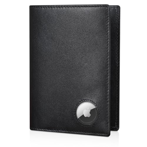 Polare Slim RFID-blockierende Reisepasshülle aus Leder für Herren, Schwarz mit AirTag-Halterung, Faltbare Reisepasshülle aus Leder von POLARE ORIGINAL