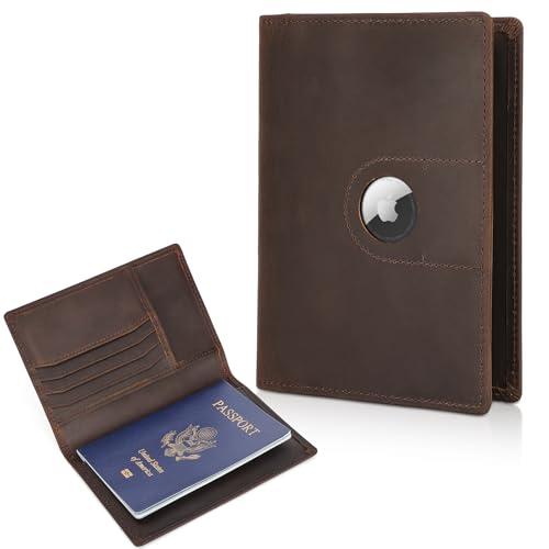 Polare Slim RFID-blockierende Reisepasshülle aus Leder für Herren, Dunkelbraun mit AirTag-Slot-B, Faltbare Reisepasshülle aus Leder von POLARE ORIGINAL