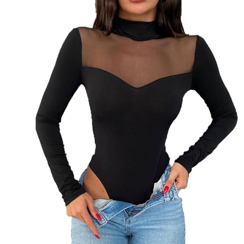 Body Damen Langarm Strick Sexy Mesh Bodysuit Langarmbody Damen Elegant Damenbody Mit Stehkragen Leotard, Top Bodysuit für Frauen langärmeliger Body Netzstoff durchsichtige Blusen formender Body (S) von POLCPAI