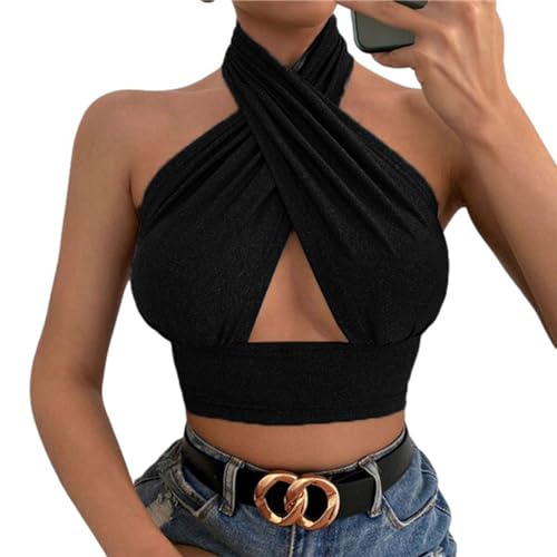 Damen Sexy Crisscross Crop Top Y2k Fashion Sexy Corset Top Cross Wrap Tanga Neckholder Top Aesthetic Sport (DE/NL/SE/PL, Alphanumerisch, L, Regular, Regular, Schwarz) von POLCPAI