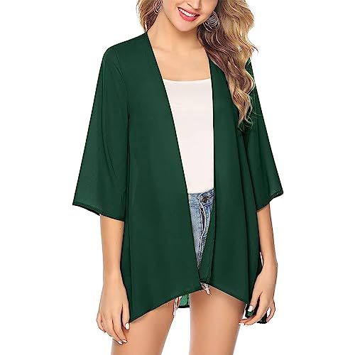 Damen Strandkleid Chiffon Kimono Cardigan Bikini Cover Up Blumen Print Leichte Strand Offene Front Jacke für Sommer Bademode Strand Vertuschen Shirt (as3, Alpha, s, m, Regular, Regular, Grün) von POLCPAI