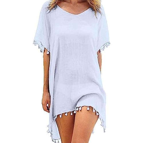 POLCPAI Damen Strandkleid Bikini Cover Up Sommer Strandponcho Badeanzug Bikini Cover-Ups mit Quasten,Strandurlaub Badeanzug,Beachwear (as3, alpha, one_size, regular, regular, weiß) von POLCPAI