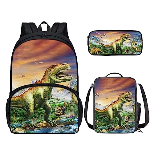 POLERO 3D-Druck Rucksack für Kinder Schultasche Büchertasche Lunchbox Federmäppchen 3-teiliges Set, Dino-Grün, Einheitsgröße, Kinderrucksack von POLERO