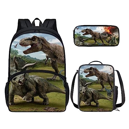 POLERO 3D-Druck Rucksack für Kinder Schultasche Büchertasche Lunchbox Federmäppchen 3-teiliges Set, Dino-Muster, Einheitsgröße, Kinderrucksack von POLERO