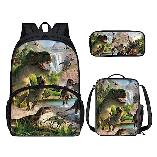 POLERO 3D-Druck Rucksack für Kinder Schultasche Büchertasche Lunchbox Federmäppchen 3-teiliges Set, Dino-Wald, Einheitsgröße, Kinderrucksack von POLERO