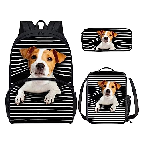 POLERO 3D-Druck Rucksack für Kinder Schultasche Büchertasche Lunchbox Federmäppchen 3-teiliges Set, Jack Russell Terrier, Einheitsgröße, Kinderrucksack von POLERO